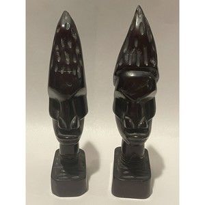 Set Of 2 Vintage Carved Wood Tribal Black Woman Head and Neck Bust Figurine 8”+